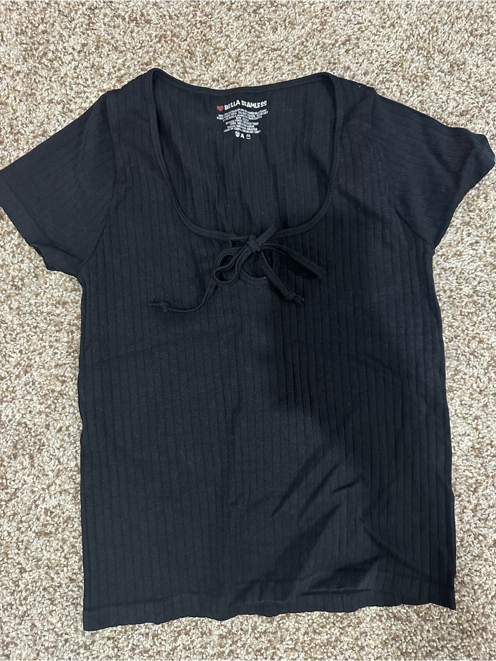 Bella Seamless Black Ribbed Tie-Front Short Sleeve Tee